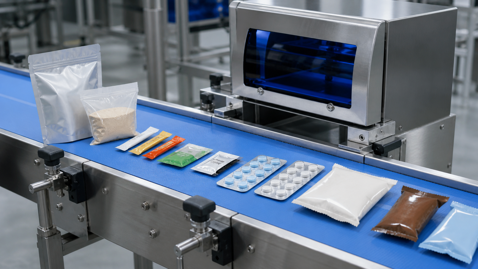 Food and pharma packs on checkweigher conveyor